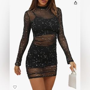 LYANER Women's Mesh Dress Long Sleeve Bodycon 3 Piece Outfits with Cami Shorts